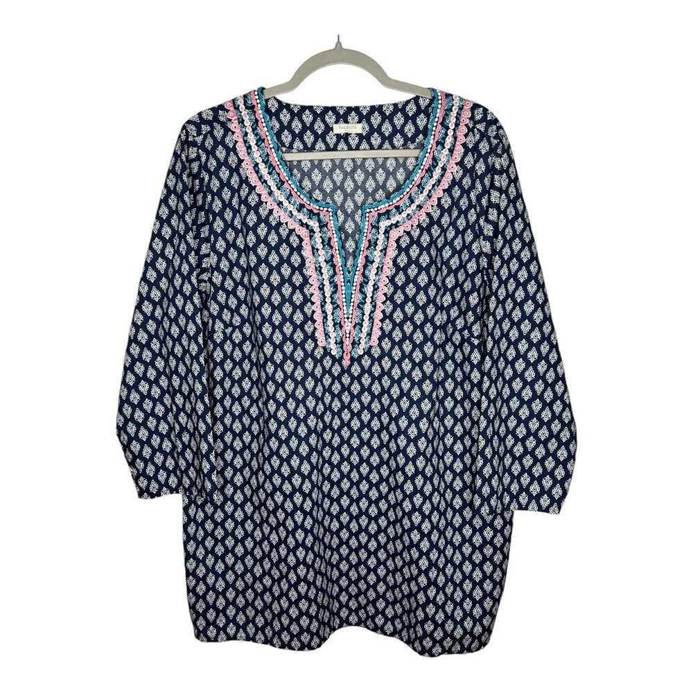 Talbots Top Womens XL Blue Embroidered 3/4 Sleeves Relaxed Fit Cotton Boho Shirt